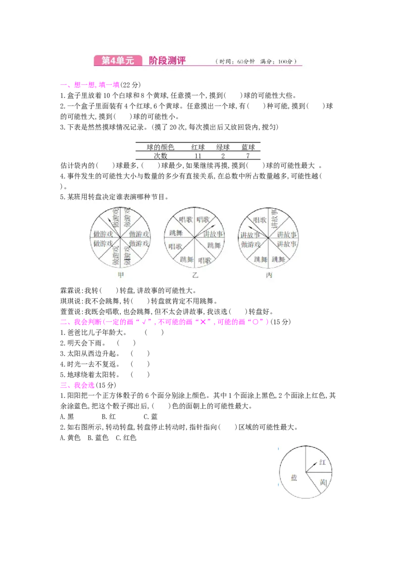 第4单元测试卷_小学数学人教版5年级上册_12单元测试卷_12单元测试卷