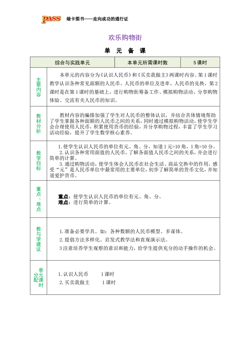 单元备课_小学数学人教版单独教案（1-6上下册）_《绿卡图书教案》1-6下册（26春）_1年级下册（26春）_欢乐购物街