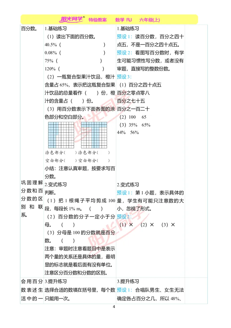第六单元教学案例_小学数学人教版单独教案（1-6上下册）_《阳光同学教案》1-6上册（25秋）_阳光同学特级教案数学人教6年级上册_第六单元　百分数（一）