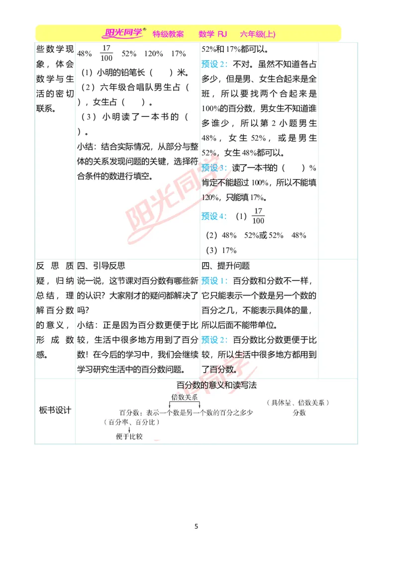 第六单元教学案例_小学数学人教版单独教案（1-6上下册）_《阳光同学教案》1-6上册（25秋）_阳光同学特级教案数学人教6年级上册_第六单元　百分数（一）