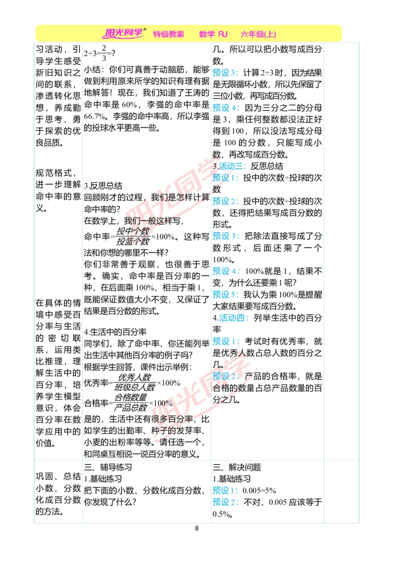 第六单元教学案例_小学数学人教版单独教案（1-6上下册）_《阳光同学教案》1-6上册（25秋）_阳光同学特级教案数学人教6年级上册_第六单元　百分数（一）