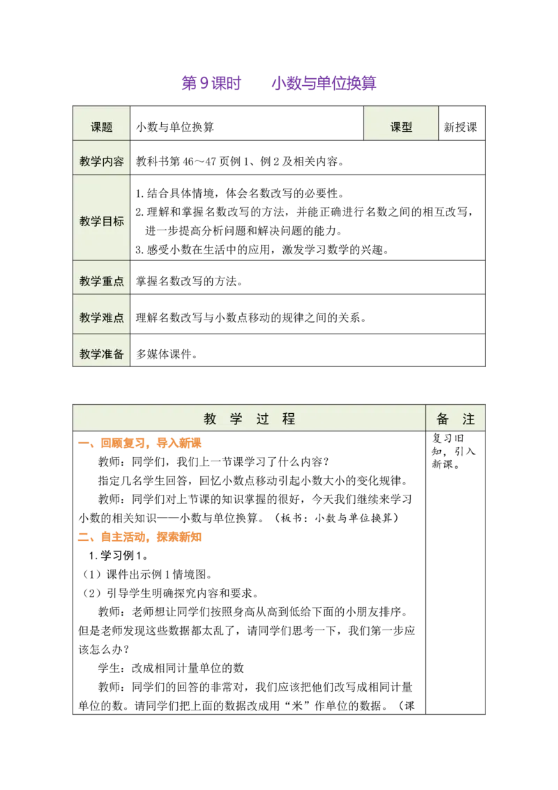 第9课时小数与单位换算_小学数学人教版单独教案（1-6上下册）_《绿卡图书教案》1-6下册（26春）_4年级下册（26春）_4小数的意义和性质