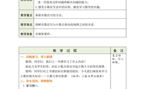 第9课时小数与单位换算_小学数学人教版单独教案（1-6上下册）_《绿卡图书教案》1-6下册（26春）_4年级下册（26春）_4小数的意义和性质