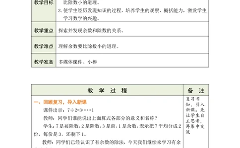 第2课时有余数的除法（2）_小学数学人教版单独教案（1-6上下册）_《绿卡图书教案》1-6下册（26春）_2年级下册（26春）_一有余数的除法