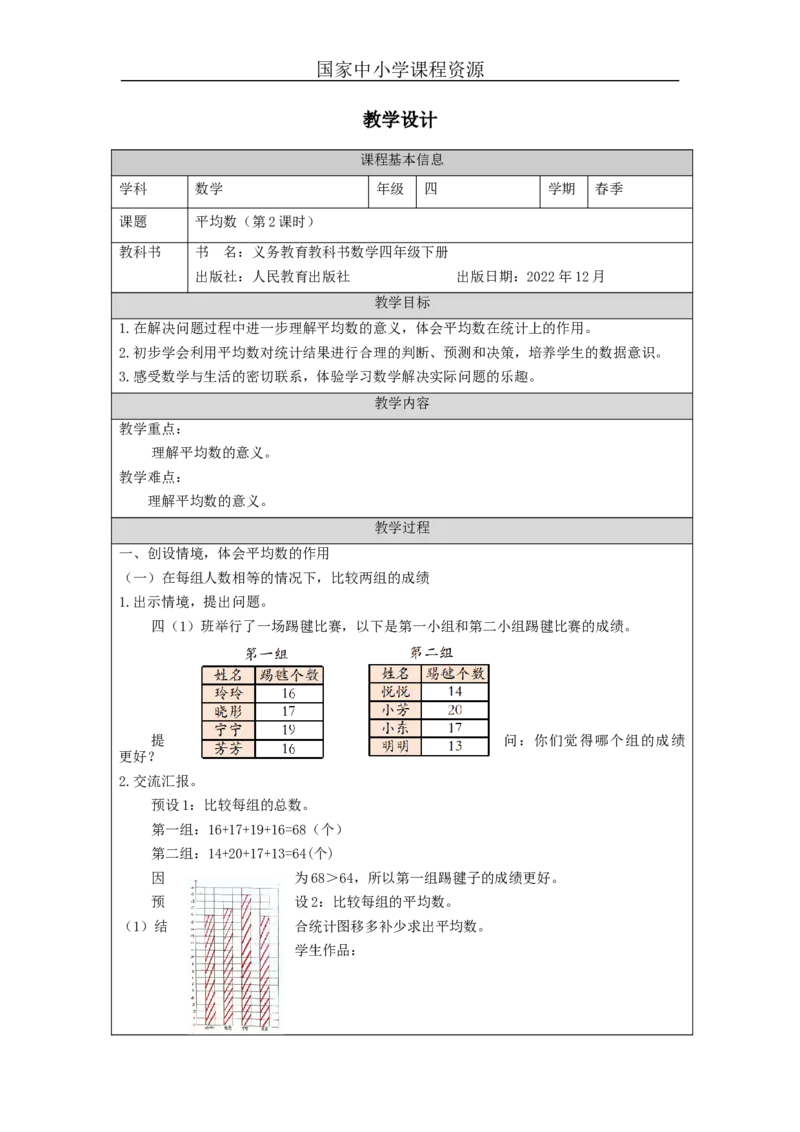 平均数(第2课时)_教学设计_小学数学人教版单独教案（1-6上下册）_《智慧教育教案》1-6上下册（25秋）_1-6下册_4年级下册（教案）新插图_第8单元平均数与条形统计图
