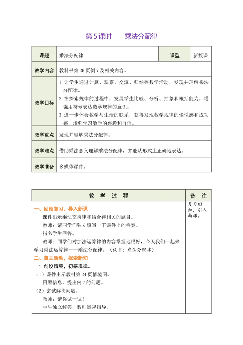 第5课时乘法分配律_小学数学人教版单独教案（1-6上下册）_《绿卡图书教案》1-6下册（26春）_4年级下册（26春）_3运算律