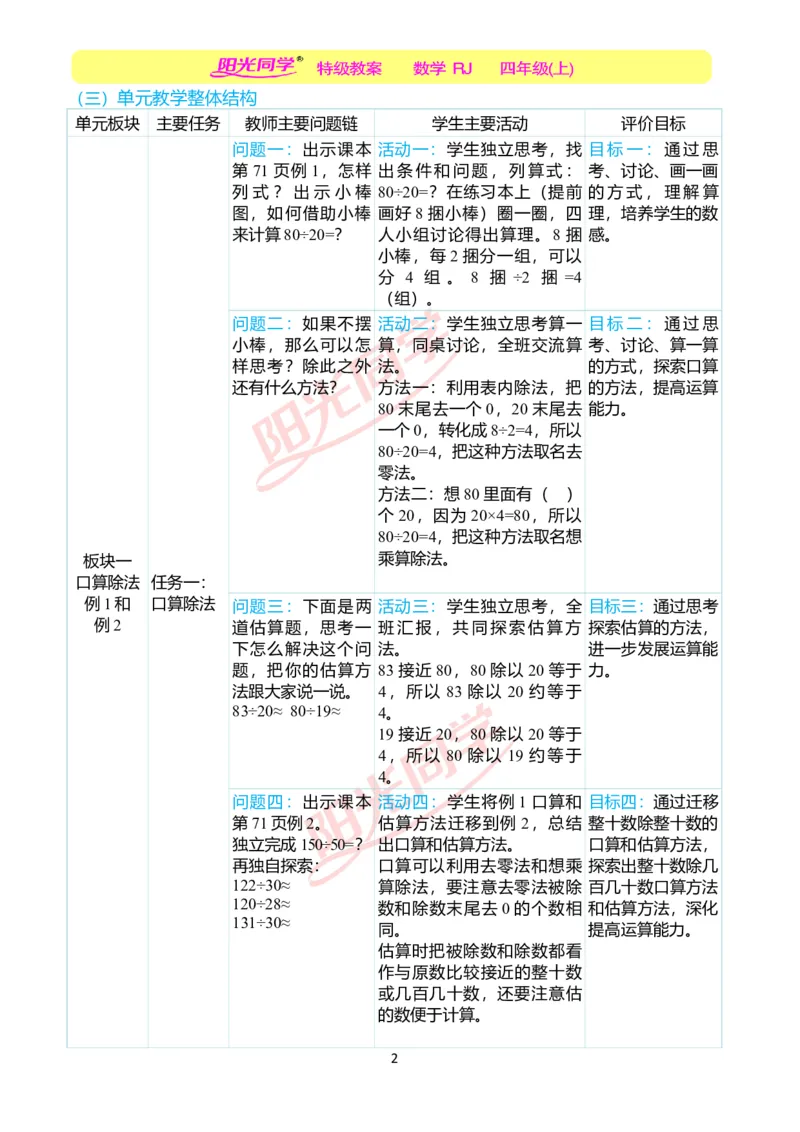 一、单元分析_小学数学人教版单独教案（1-6上下册）_《阳光同学教案》1-6上册（25秋）_阳光同学特级教案数学人教4年级上册_第六单元除数是两位数的除法