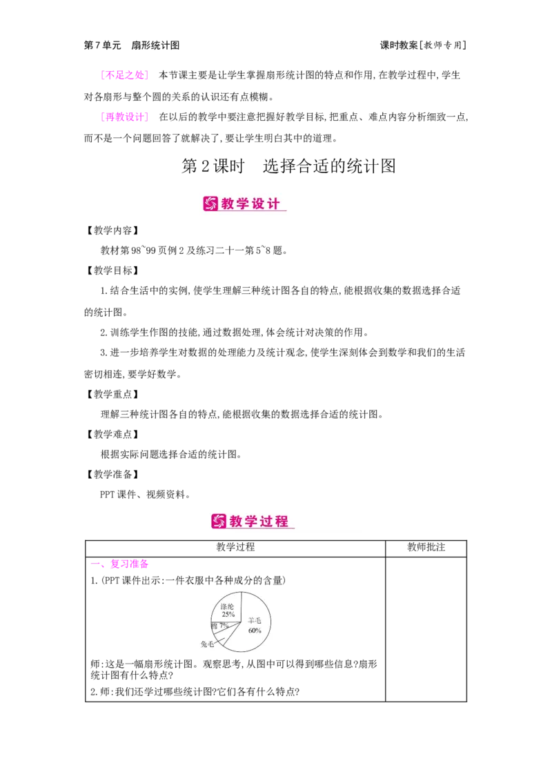 第7单元　扇形统计图_小学数学人教版6年级上册_2课时简案