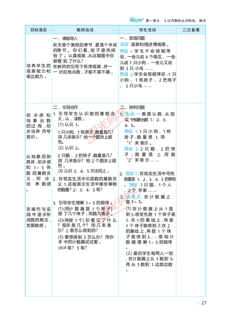 一5以内数的认识和加、减法_小学数学人教版单独教案（1-6上下册）_《阳光同学教案》1-6上册（25秋）_阳光同学特级教案数学人教1年级上册