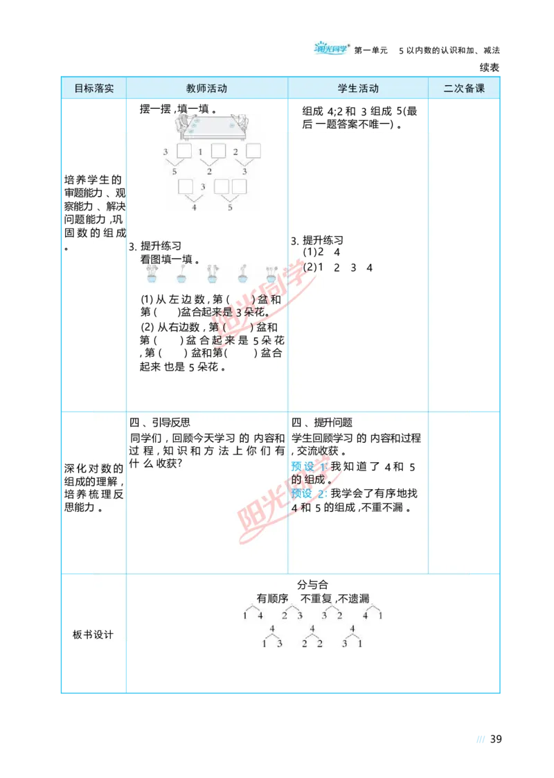 一5以内数的认识和加、减法_小学数学人教版单独教案（1-6上下册）_《阳光同学教案》1-6上册（25秋）_阳光同学特级教案数学人教1年级上册
