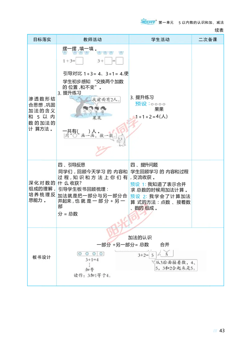 一5以内数的认识和加、减法_小学数学人教版单独教案（1-6上下册）_《阳光同学教案》1-6上册（25秋）_阳光同学特级教案数学人教1年级上册