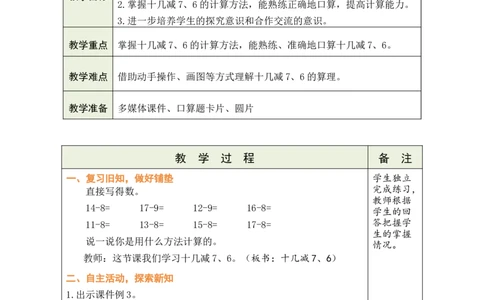 第4课时十几减7、6_小学数学人教版单独教案（1-6上下册）_《绿卡图书教案》1-6下册（26春）_1年级下册（26春）_220以内的退位减法