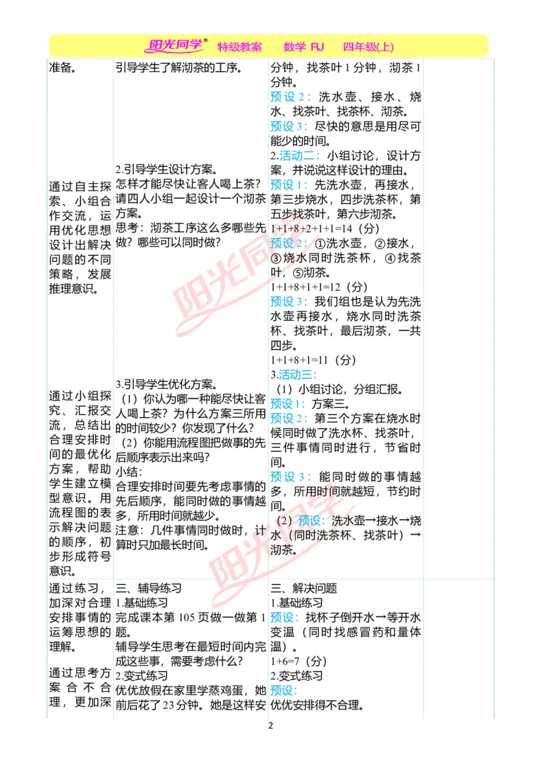 二、教学案例_小学数学人教版单独教案（1-6上下册）_《阳光同学教案》1-6上册（25秋）_阳光同学特级教案数学人教4年级上册_第八单元数学广角&mdash;&mdash;优化