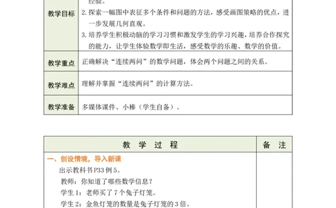 第5课时连续两问的实际问题_小学数学人教版单独教案（1-6上下册）_《绿卡图书教案》1-6下册（26春）_2年级下册（26春）_二数量间的乘除关系