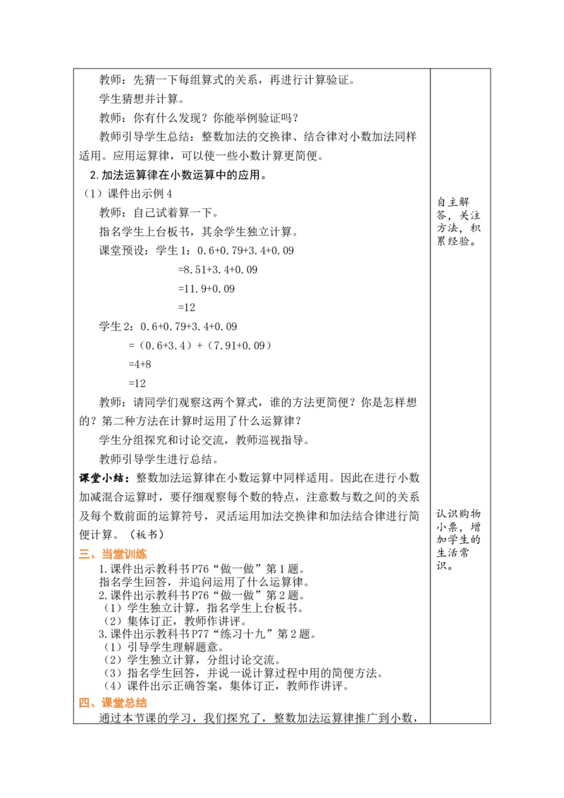 第5课时整数加法运算律推广到小数_小学数学人教版单独教案（1-6上下册）_《绿卡图书教案》1-6下册（26春）_4年级下册（26春）_6小数的加法和减法