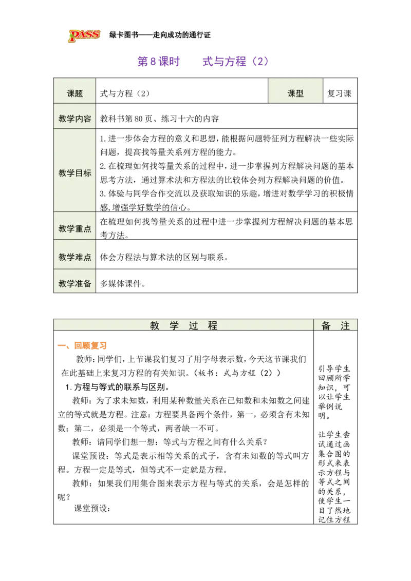 第8课时式与方程（2）_小学数学人教版单独教案（1-6上下册）_《绿卡图书教案》1-6下册（26春）_6年级下册（26春）_6整理和复习