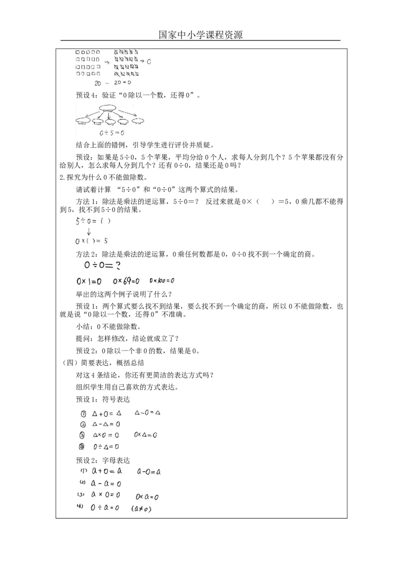 有关0的运算_教学设计_小学数学人教版单独教案（1-6上下册）_《智慧教育教案》1-6上下册（25秋）_1-6下册_4年级下册（教案）新插图_第1单元四则运算