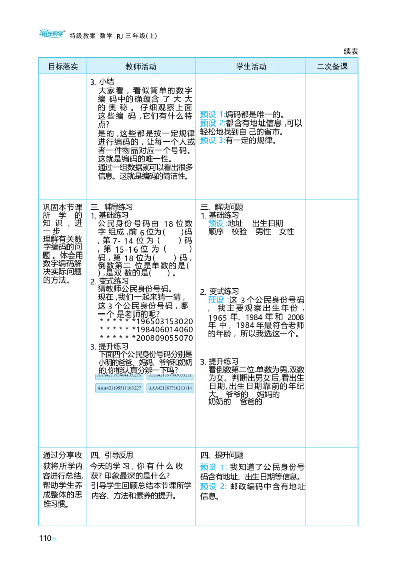 综合与实践数字编码_小学数学人教版单独教案（1-6上下册）_《阳光同学教案》1-6上册（25秋）_阳光同学特级教案数学人教3年级上册