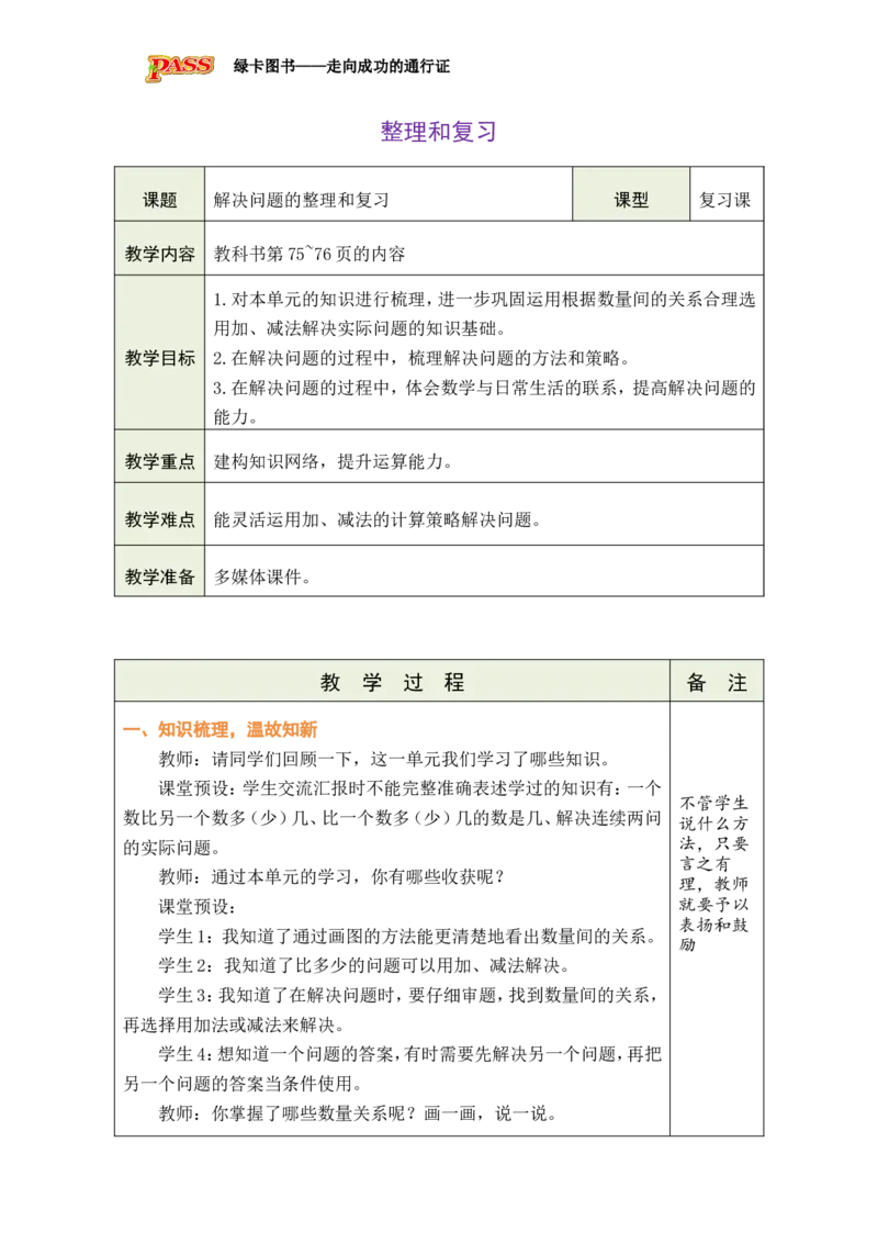 整理和复习_小学数学人教版单独教案（1-6上下册）_《绿卡图书教案》1-6下册（26春）_1年级下册（26春）_6数量间的加减关系
