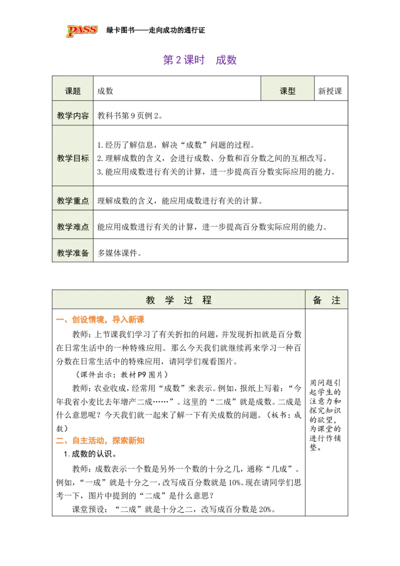 第2课时成数_小学数学人教版单独教案（1-6上下册）_《绿卡图书教案》1-6下册（26春）_6年级下册（26春）_2百分数（二）