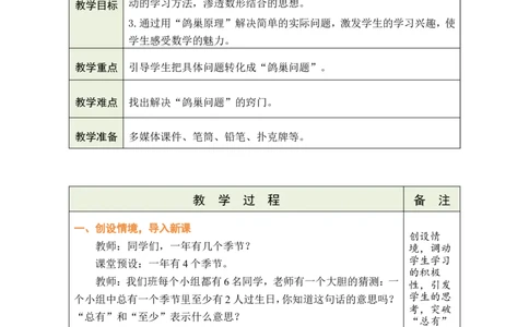 第1课时鸽巢问题（1）_小学数学人教版单独教案（1-6上下册）_《绿卡图书教案》1-6下册（26春）_6年级下册（26春）_5数学广角&mdash;&mdash;鸽巢问题