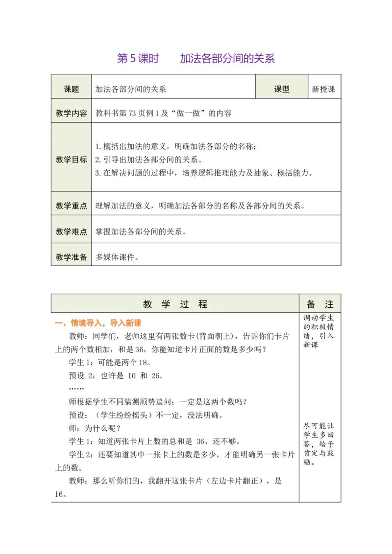 第5课时加法各部分间的关系_小学数学人教版单独教案（1-6上下册）_《绿卡图书教案》1-6下册（26春）_2年级下册（26春）_四万以内的加法和减法