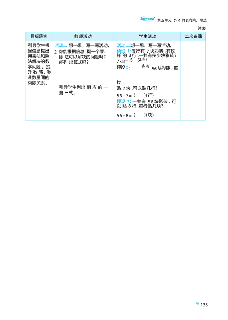 第五单元_小学数学人教版单独教案（1-6上下册）_《阳光同学教案》1-6上册（25秋）_阳光同学特级教案数学人教2年级上册_第五单元7~9的表内乘、除法