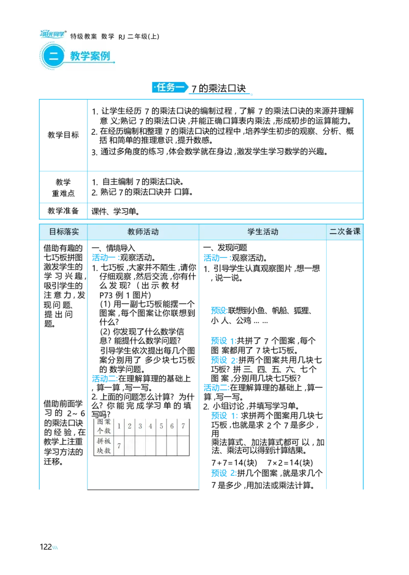 第五单元_小学数学人教版单独教案（1-6上下册）_《阳光同学教案》1-6上册（25秋）_阳光同学特级教案数学人教2年级上册_第五单元7~9的表内乘、除法