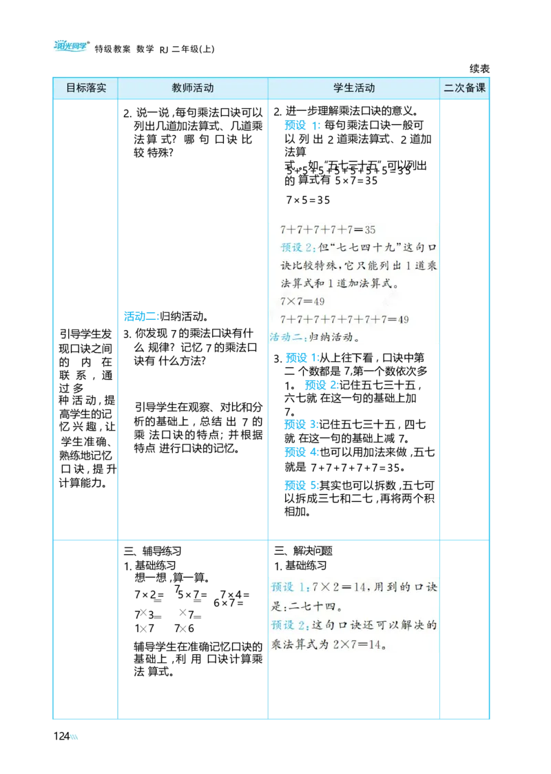 第五单元_小学数学人教版单独教案（1-6上下册）_《阳光同学教案》1-6上册（25秋）_阳光同学特级教案数学人教2年级上册_第五单元7~9的表内乘、除法