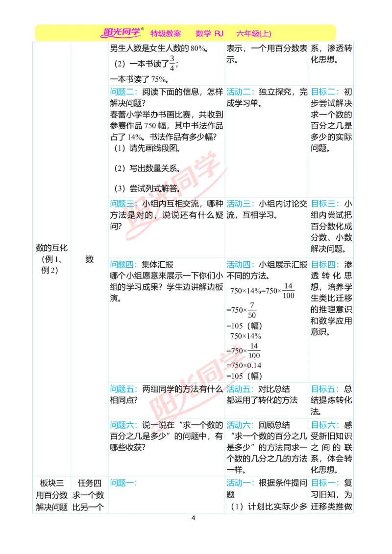 第六单元单元分析_小学数学人教版单独教案（1-6上下册）_《阳光同学教案》1-6上册（25秋）_阳光同学特级教案数学人教6年级上册_第六单元　百分数（一）