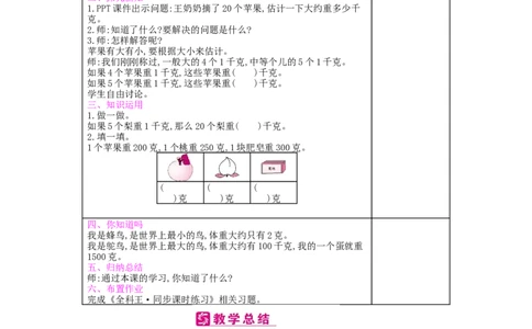 第8单元克和千克_小学数学人教版2年级下册_1课时简案_1课时简案