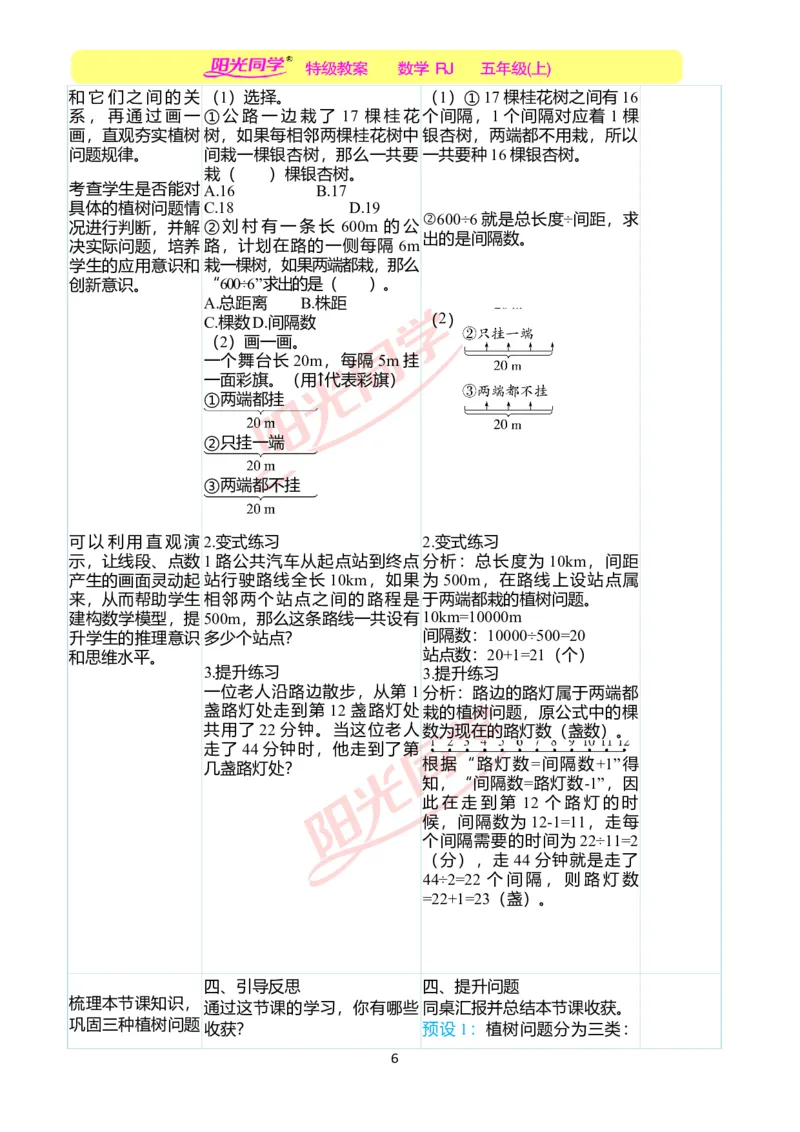 二、教学案例_小学数学人教版单独教案（1-6上下册）_《阳光同学教案》1-6上册（25秋）_阳光同学特级教案数学人教5年级上册_第七单元数学广角&mdash;&mdash;植树问题