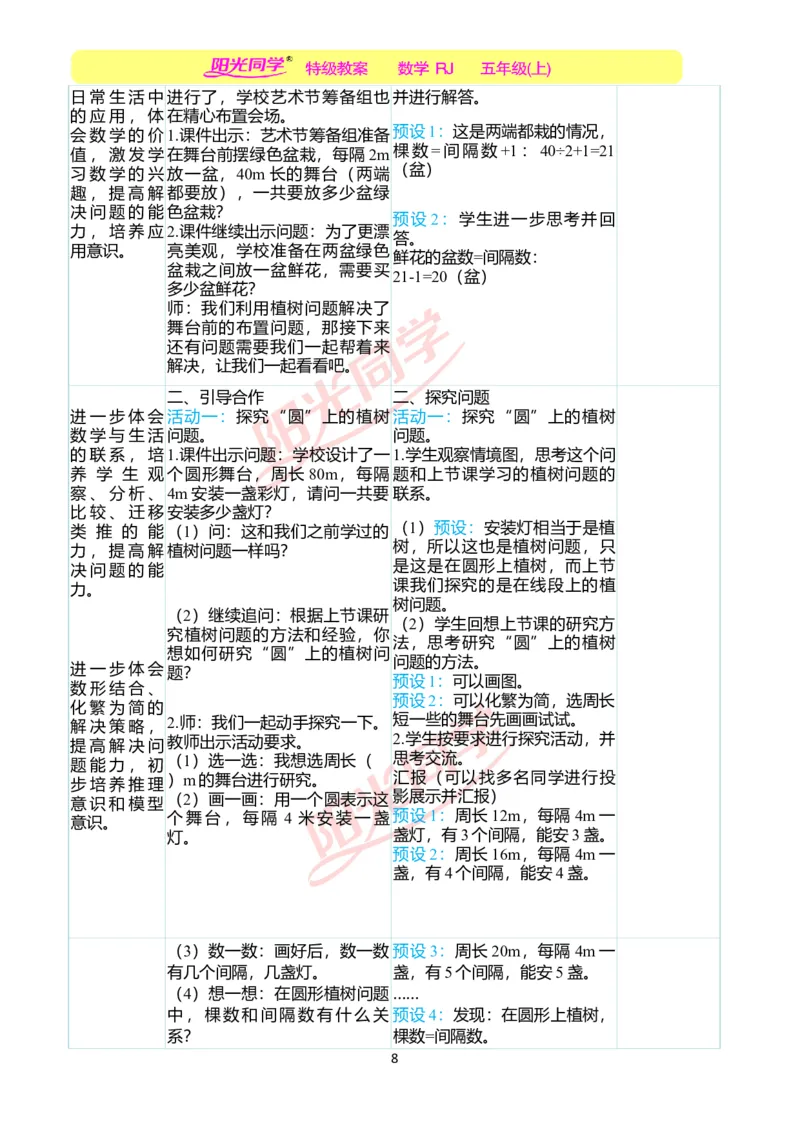 二、教学案例_小学数学人教版单独教案（1-6上下册）_《阳光同学教案》1-6上册（25秋）_阳光同学特级教案数学人教5年级上册_第七单元数学广角&mdash;&mdash;植树问题