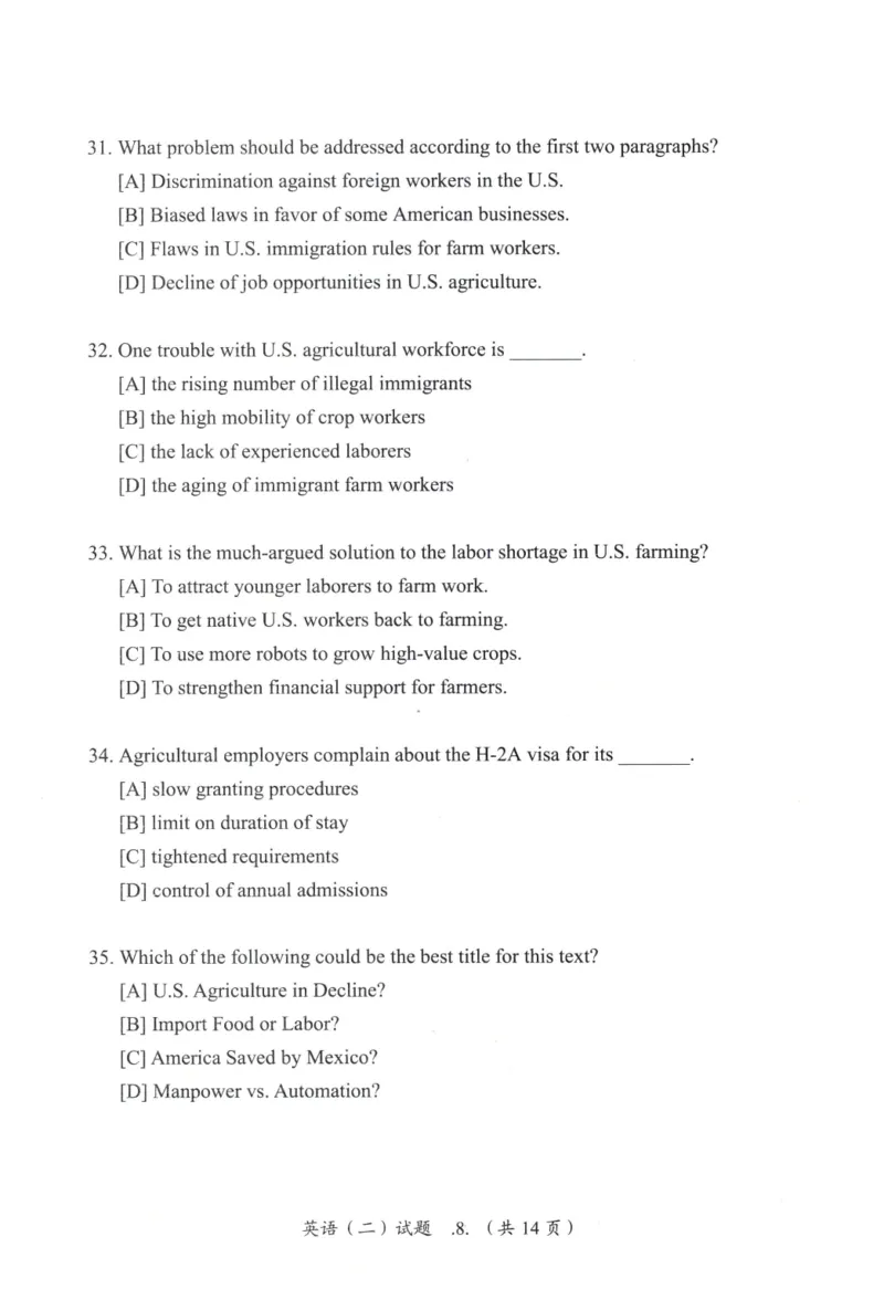 2019年真题及答案速查_考研英语真题（英一＋英二）_考研英语真题_考研英语二历年真题_❤️6.黄皮-英语二+解析_真题及答案速查（2010-2025)