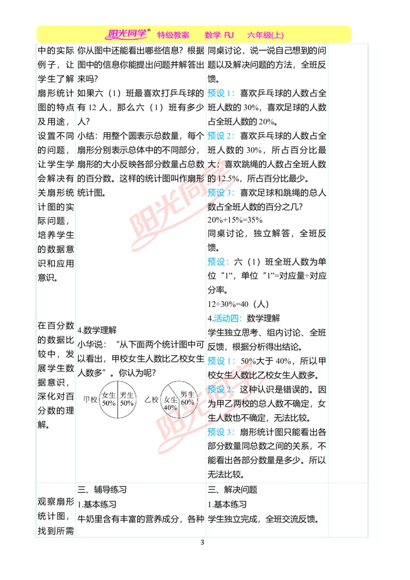 第七单元教学案例_小学数学人教版单独教案（1-6上下册）_《阳光同学教案》1-6上册（25秋）_阳光同学特级教案数学人教6年级上册_第七单元　扇形统计图