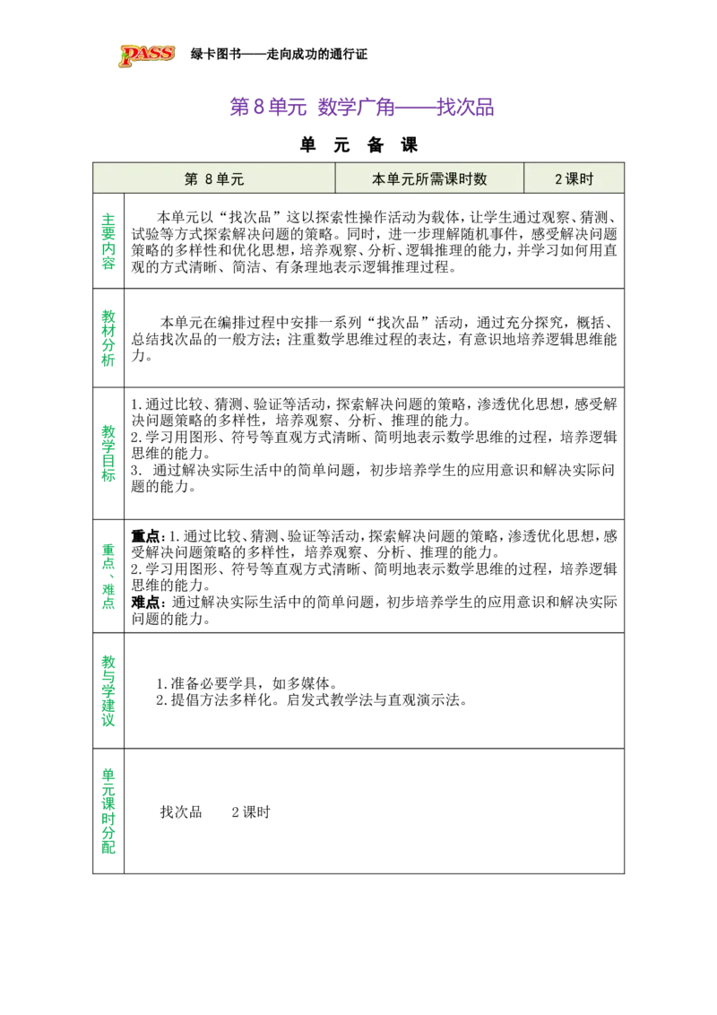 单元备课_小学数学人教版单独教案（1-6上下册）_《绿卡图书教案》1-6下册（26春）_5年级下册（26春）_第8单元
