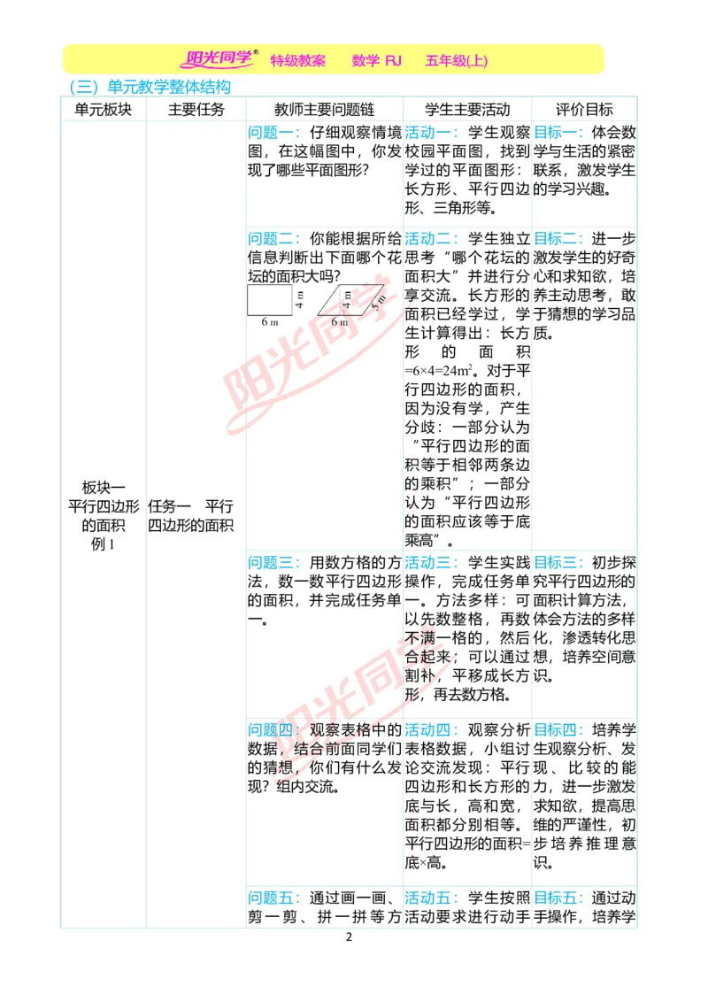一、单元分析_小学数学人教版单独教案（1-6上下册）_《阳光同学教案》1-6上册（25秋）_阳光同学特级教案数学人教5年级上册_第六单元多边形的面积