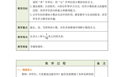 1认识小数_小学数学人教版单独教案（1-6上下册）_《绿卡图书教案》1-6下册（26春）_3年级下册（26春）_7小数的初步认识