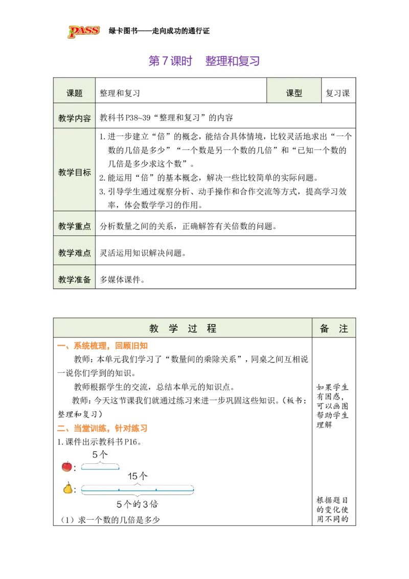 第7课时整理和复习_小学数学人教版单独教案（1-6上下册）_《绿卡图书教案》1-6下册（26春）_2年级下册（26春）_二数量间的乘除关系
