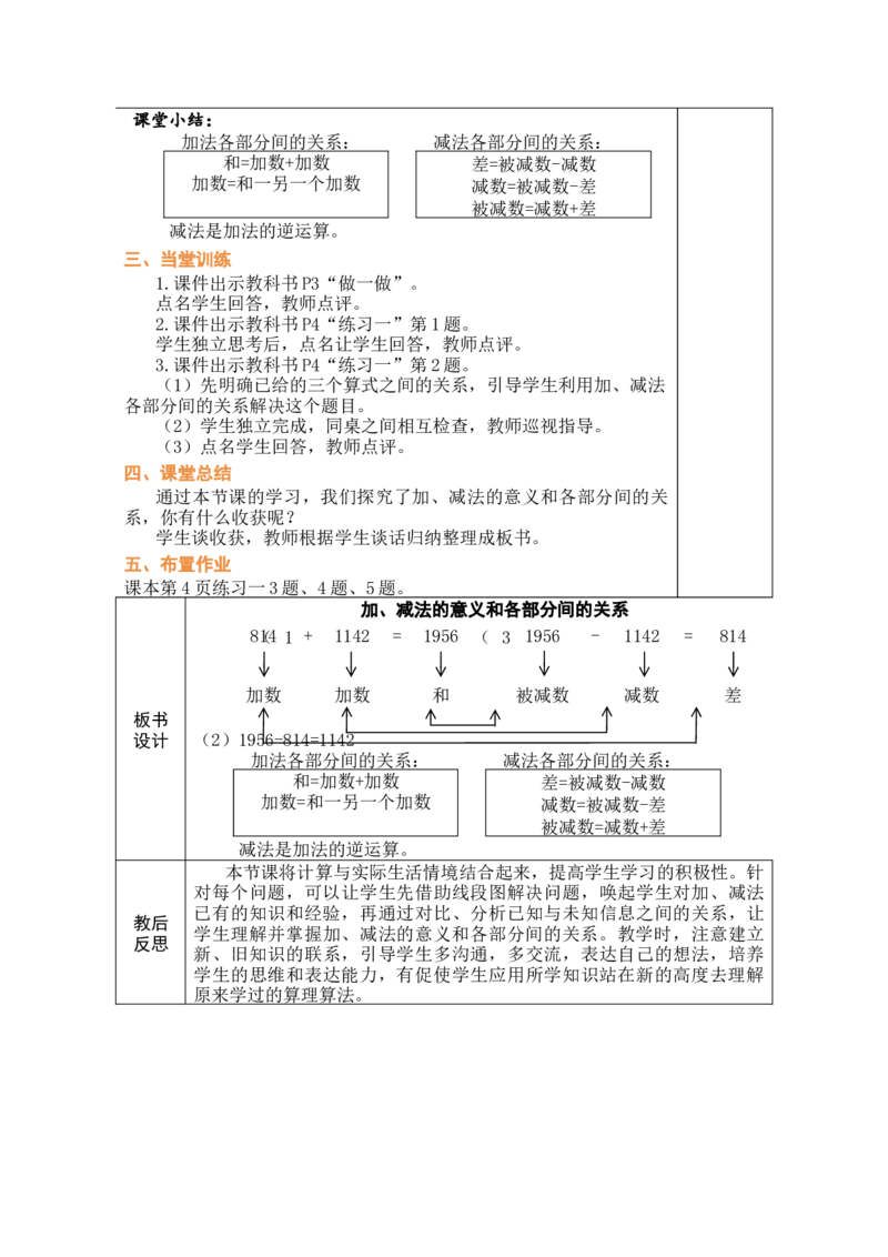 第1课时加、减法的意义和各部分间的关系_小学数学人教版单独教案（1-6上下册）_《绿卡图书教案》1-6下册（26春）_4年级下册（26春）_1四则运算