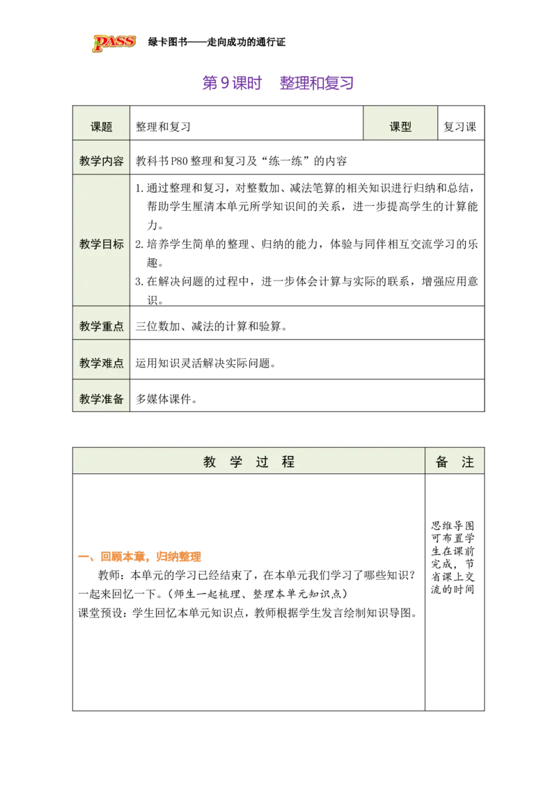 第9课时整理和复习_小学数学人教版单独教案（1-6上下册）_《绿卡图书教案》1-6下册（26春）_2年级下册（26春）_四万以内的加法和减法