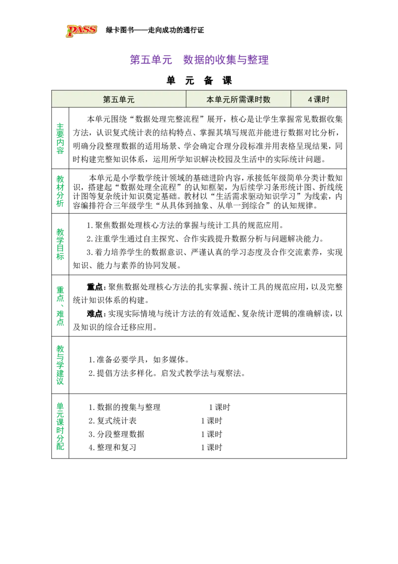 单元备课_小学数学人教版单独教案（1-6上下册）_《绿卡图书教案》1-6下册（26春）_3年级下册（26春）_5数据的收集与整理
