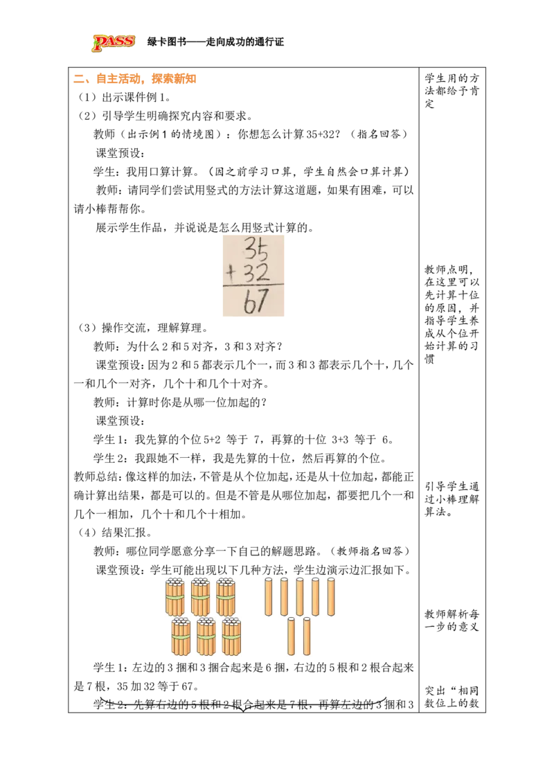 第1课时两位数加两位数（不进位）_小学数学人教版单独教案（1-6上下册）_《绿卡图书教案》1-6下册（26春）_1年级下册（26春）_5100以内的笔算加、减法_1.笔算加法