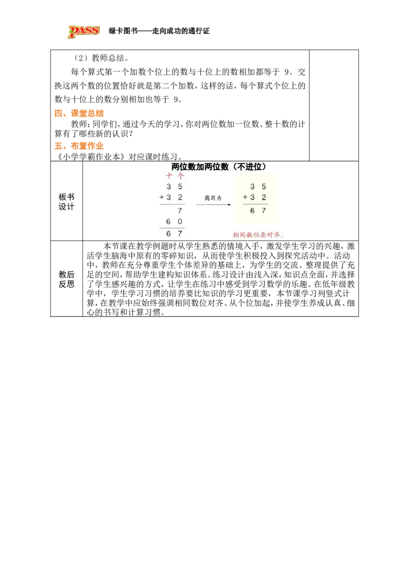 第1课时两位数加两位数（不进位）_小学数学人教版单独教案（1-6上下册）_《绿卡图书教案》1-6下册（26春）_1年级下册（26春）_5100以内的笔算加、减法_1.笔算加法