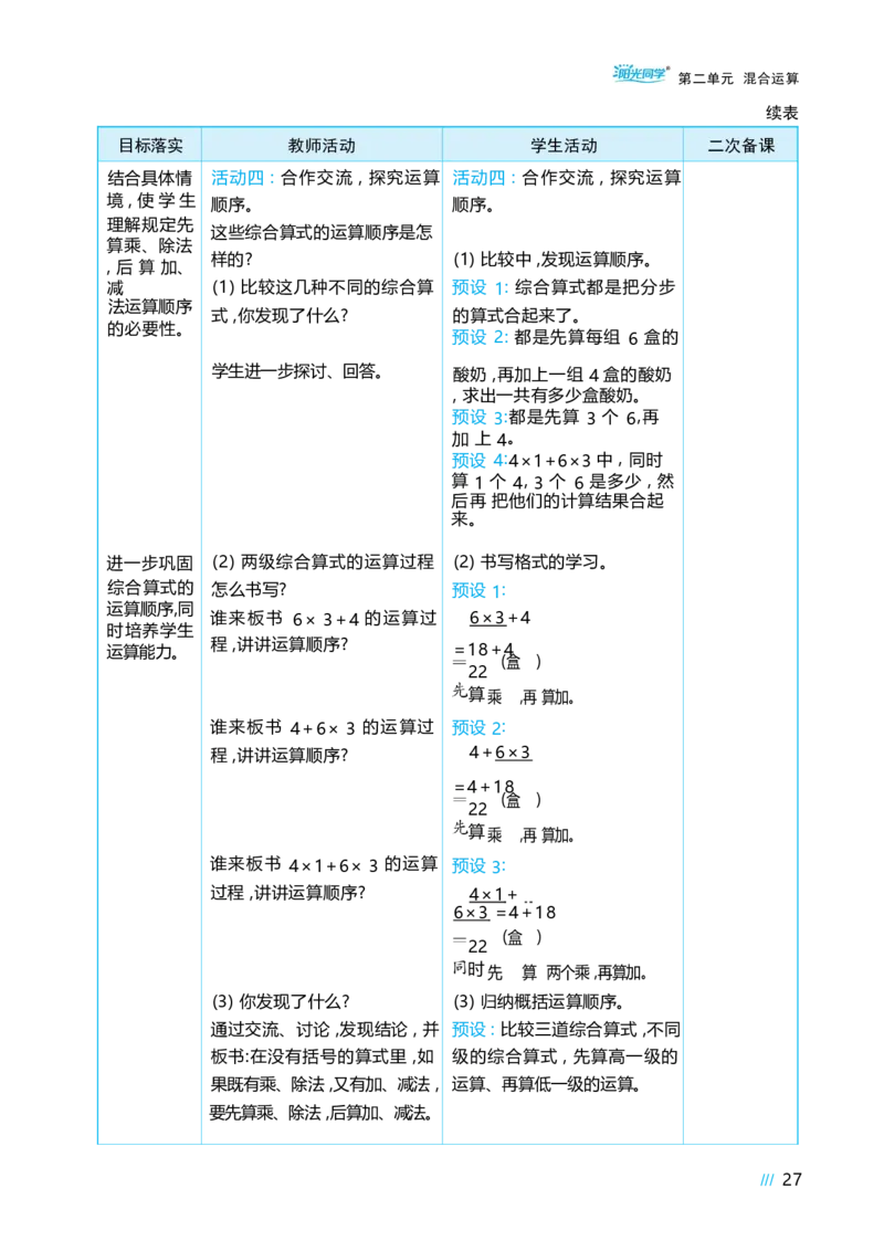 第二单元混合运算_小学数学人教版单独教案（1-6上下册）_《阳光同学教案》1-6上册（25秋）_阳光同学特级教案数学人教3年级上册