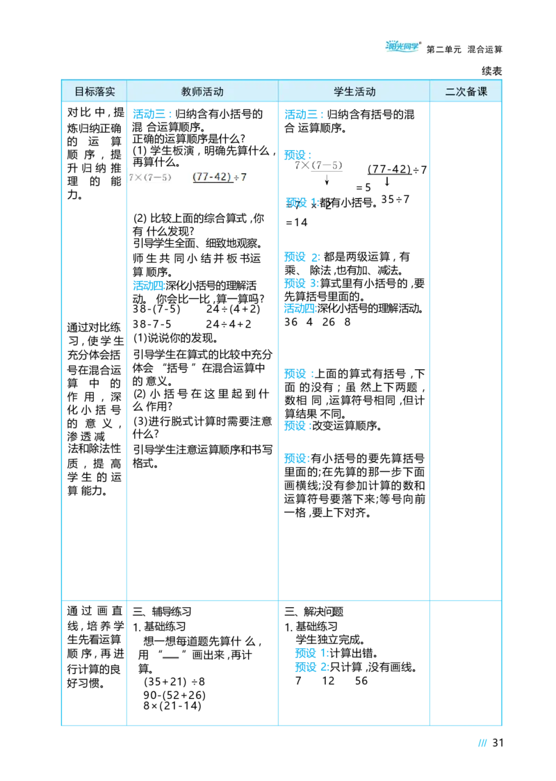 第二单元混合运算_小学数学人教版单独教案（1-6上下册）_《阳光同学教案》1-6上册（25秋）_阳光同学特级教案数学人教3年级上册
