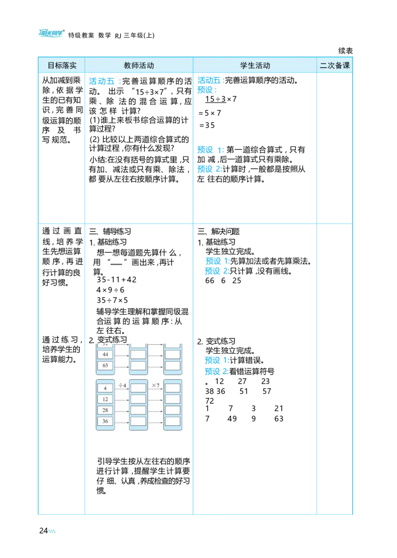 第二单元混合运算_小学数学人教版单独教案（1-6上下册）_《阳光同学教案》1-6上册（25秋）_阳光同学特级教案数学人教3年级上册