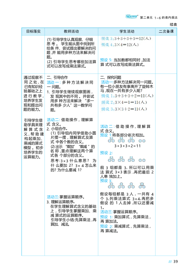 第二单元_小学数学人教版单独教案（1-6上下册）_《阳光同学教案》1-6上册（25秋）_阳光同学特级教案数学人教2年级上册_第二单元1~6的表内乘法