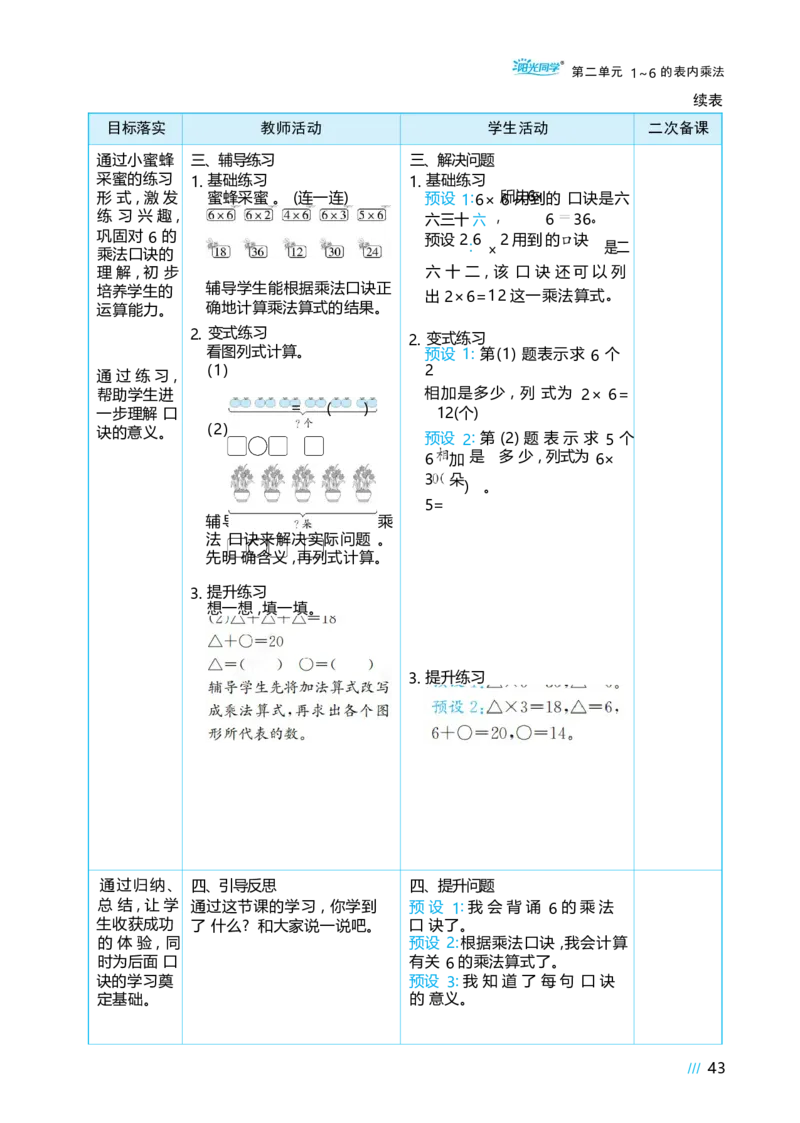 第二单元_小学数学人教版单独教案（1-6上下册）_《阳光同学教案》1-6上册（25秋）_阳光同学特级教案数学人教2年级上册_第二单元1~6的表内乘法