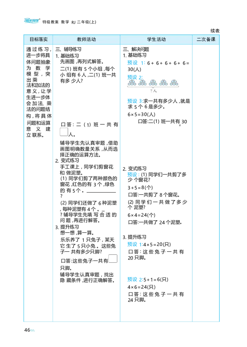 第二单元_小学数学人教版单独教案（1-6上下册）_《阳光同学教案》1-6上册（25秋）_阳光同学特级教案数学人教2年级上册_第二单元1~6的表内乘法